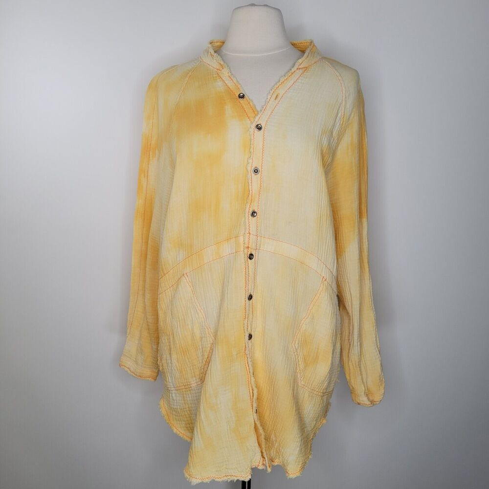 ANTHROPOLOGIE FLAWLESS Yellow Gauzy Cotton Shirt Sz M Tie Dye Oversized Longline